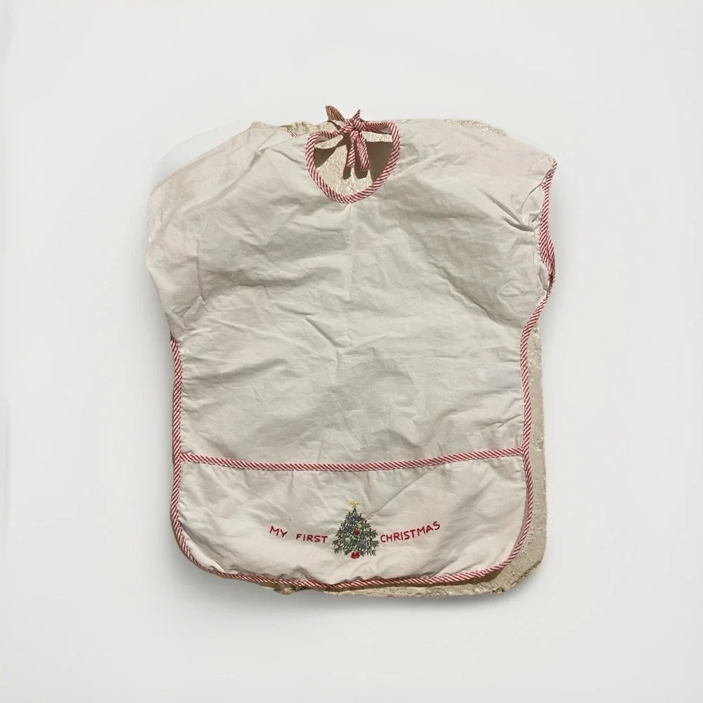 VTG My First Christmas Baby Bib Embroidered Cloth Plastic Backing Pocket Tie